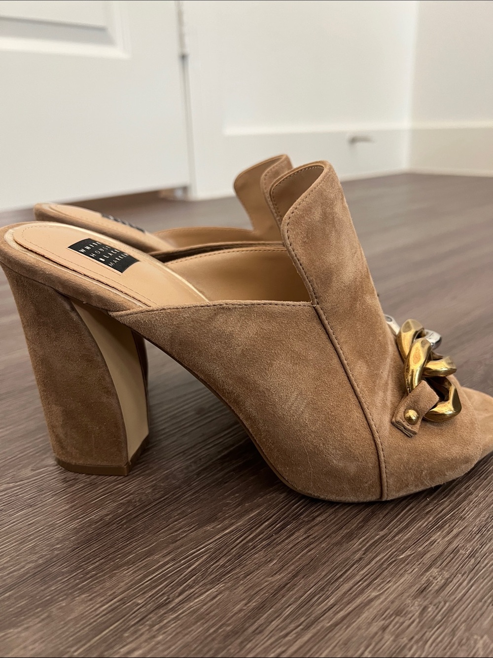 White House Black Market Tan Suede Chain-Accent Mule Heels